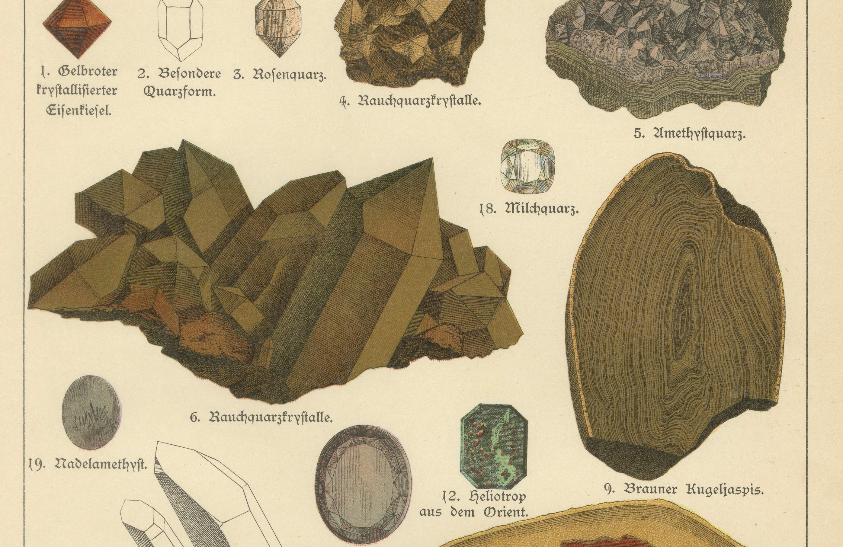 Three Antique Mineralogy Chromolithographs, Quartz, Agate & Tourmaline, 1888