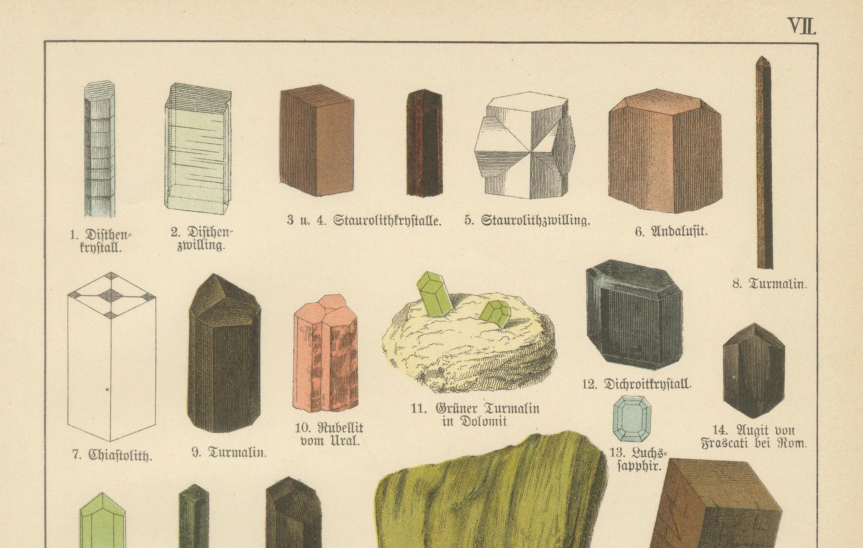 Three Antique Mineralogy Chromolithographs, Quartz, Agate & Tourmaline, 1888