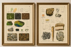 Conjunto de dos cromolitografías antiguas de mineralogía: granito, calcita y fósil, 1888