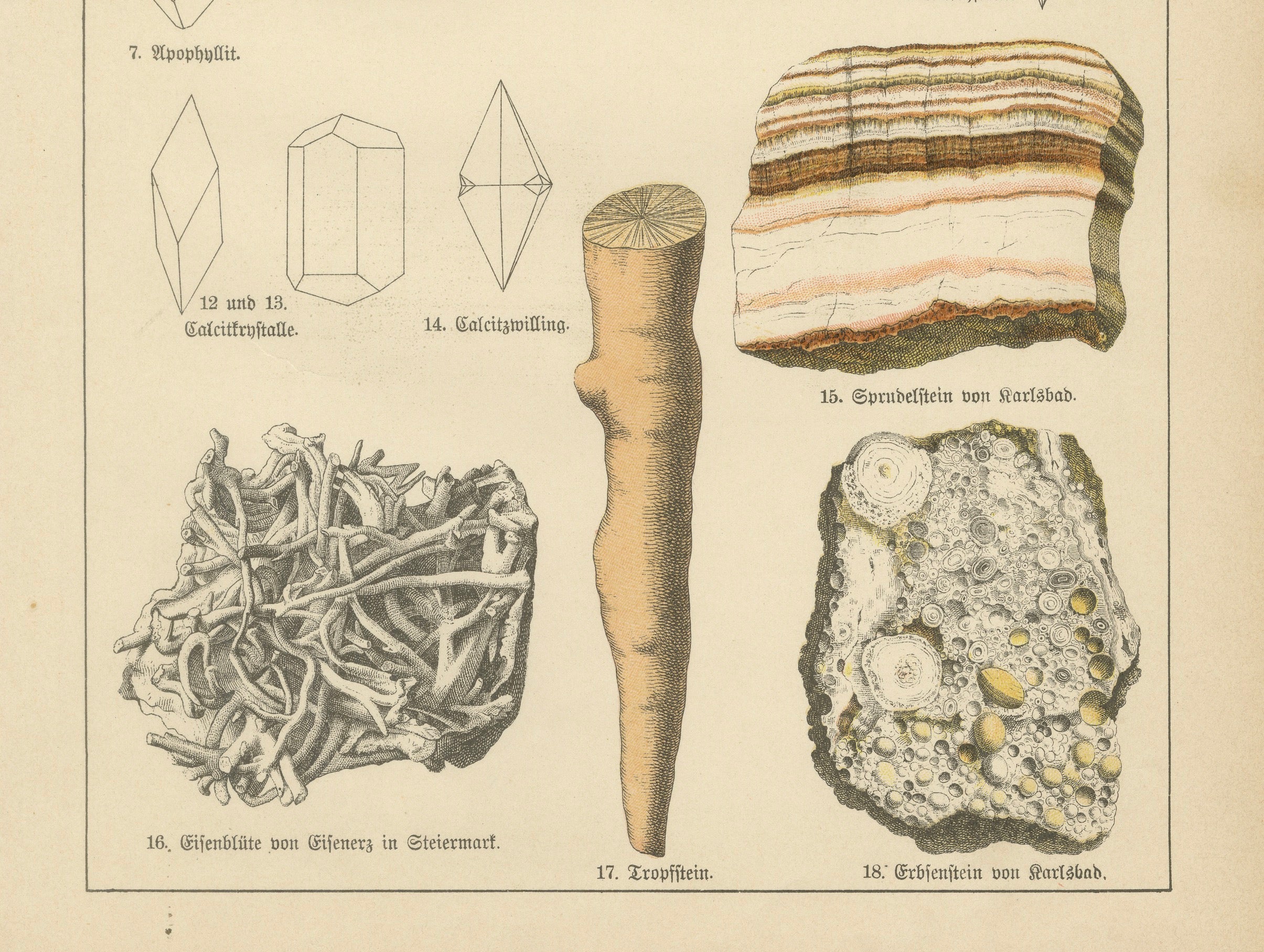 Set of Two Antique Mineralogy Chromolithographs, Granite, Calcite & Fossil, 1888