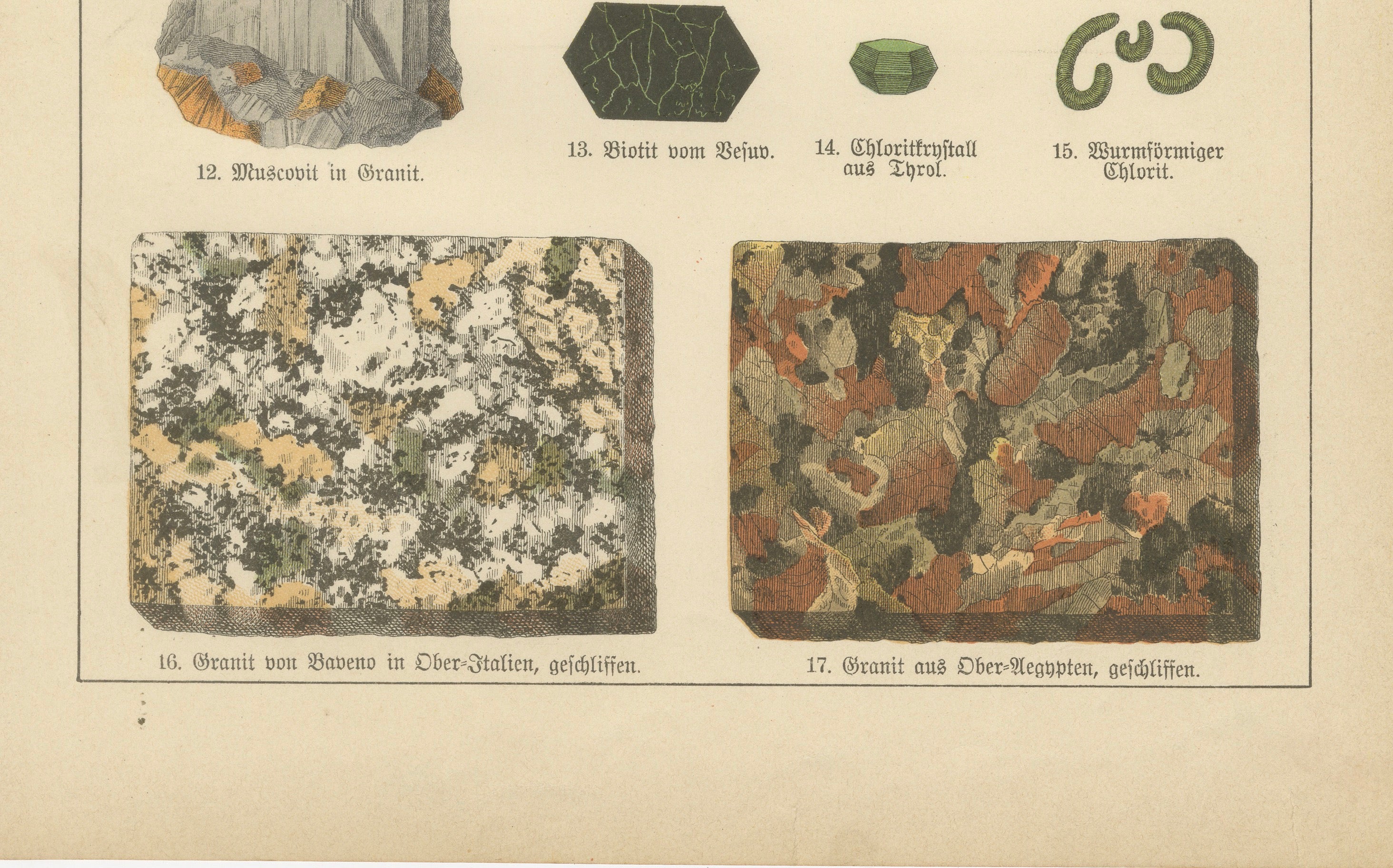 Set of Two Antique Mineralogy Chromolithographs, Granite, Calcite & Fossil, 1888