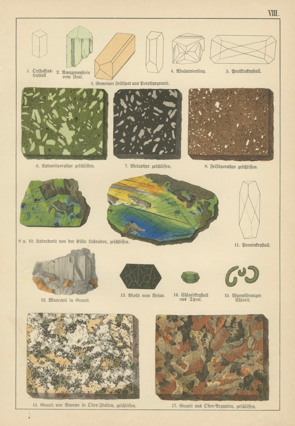 Set of Two Antique Mineralogy Chromolithographs, Granite, Calcite & Fossil, 1888