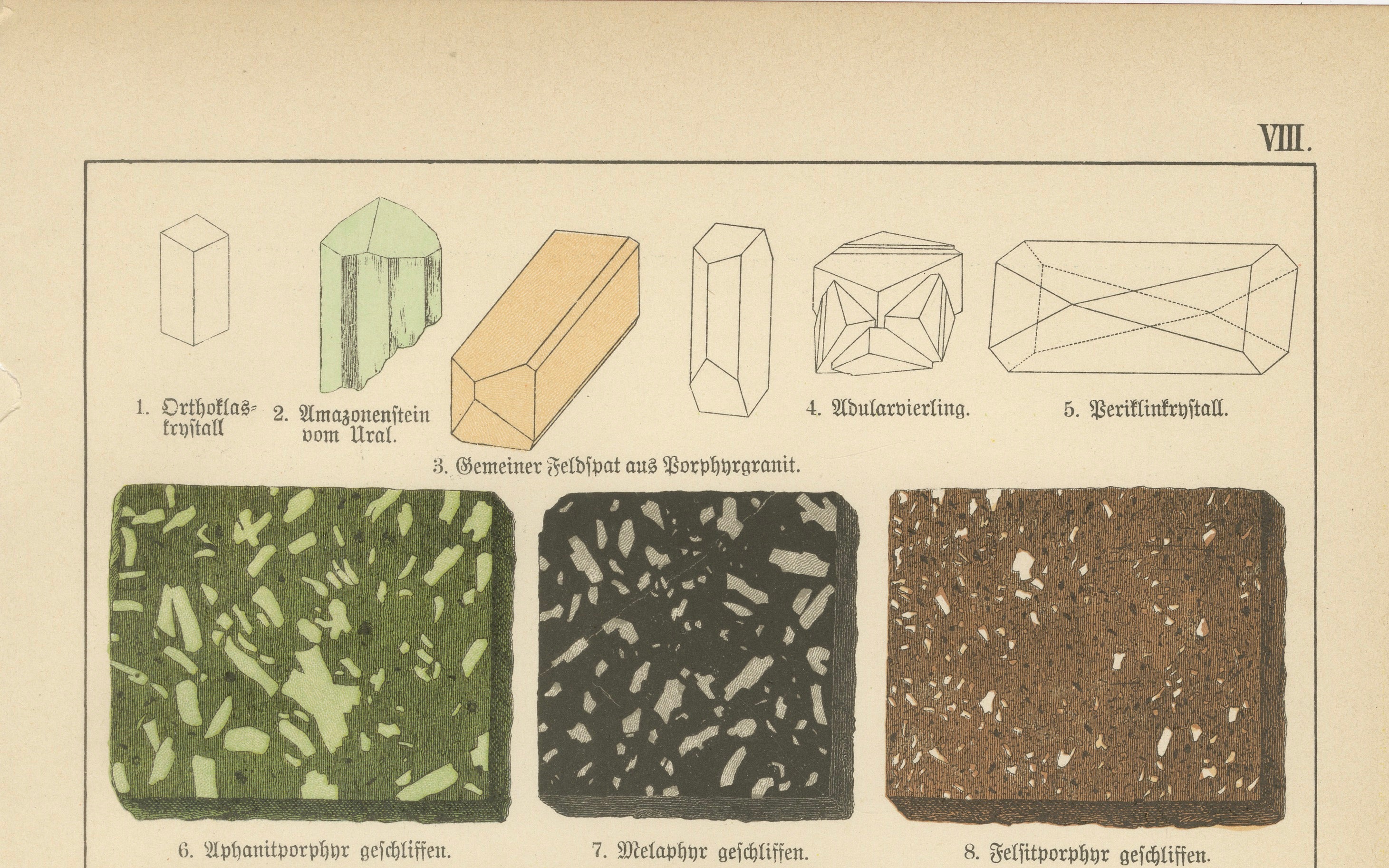 Set of Two Antique Mineralogy Chromolithographs, Granite, Calcite & Fossil, 1888