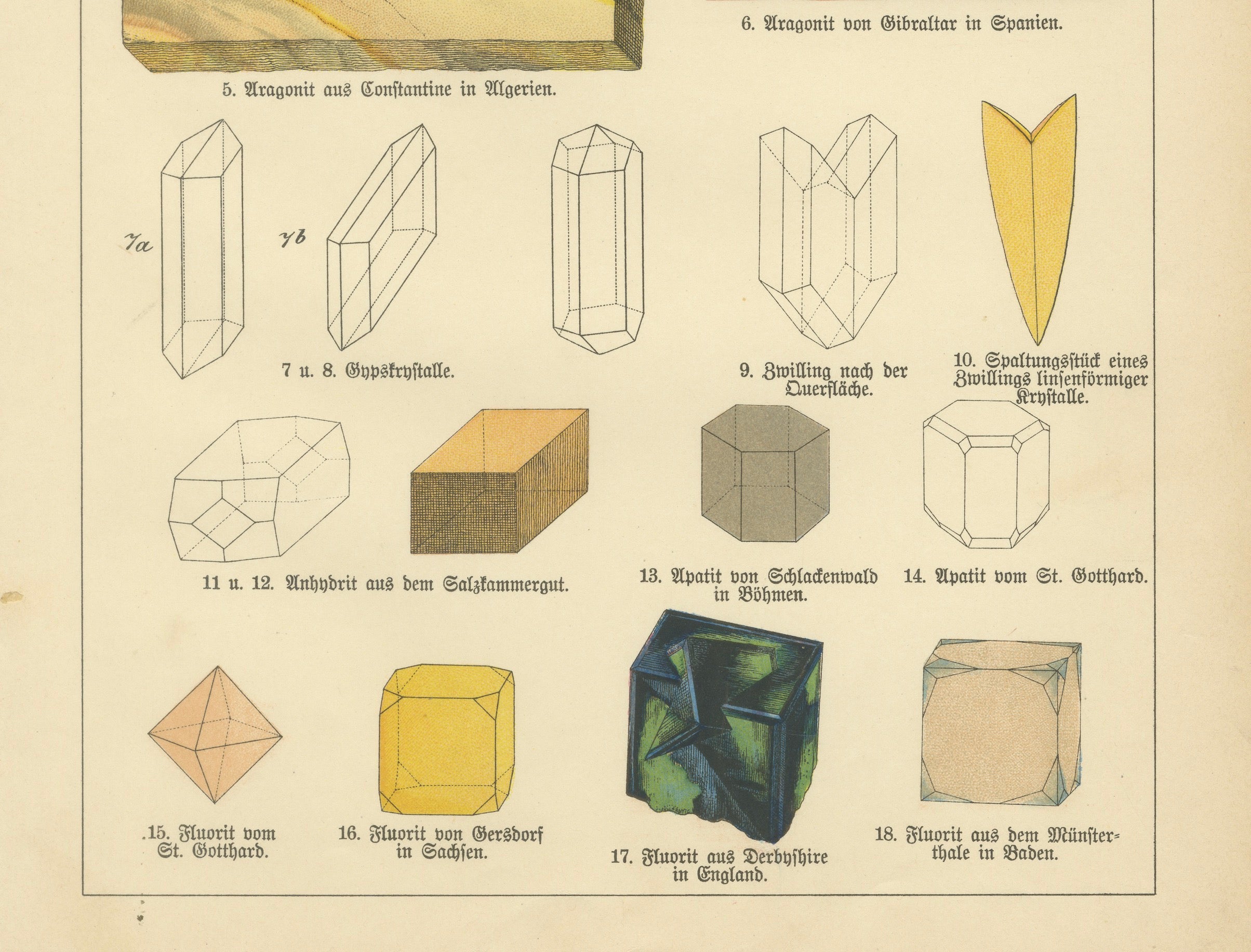 Three Antique Mineralogy Chromolithographs, Marble, Aragonite & Fluorite, 1888