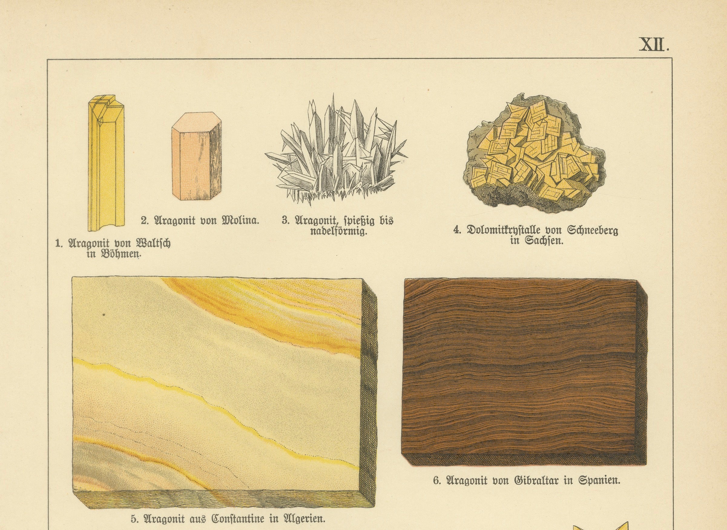 Three Antique Mineralogy Chromolithographs, Marble, Aragonite & Fluorite, 1888