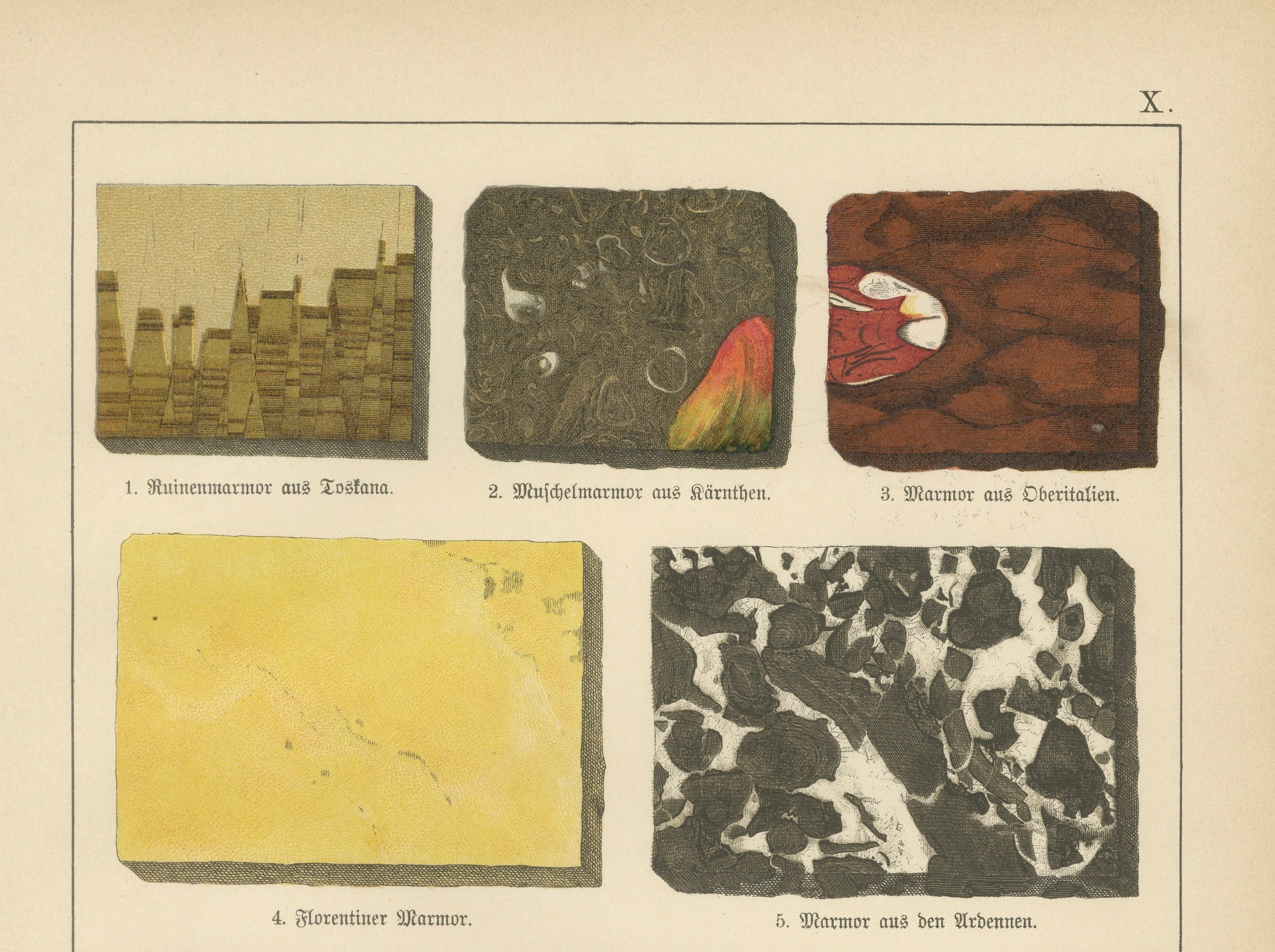 Three Antique Mineralogy Chromolithographs, Marble, Aragonite & Fluorite, 1888