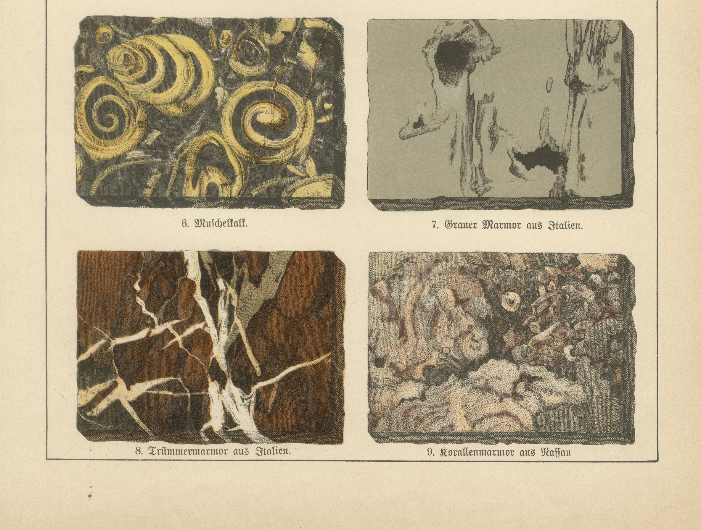 Three Antique Mineralogy Chromolithographs, Marble, Aragonite & Fluorite, 1888