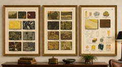 Tres cromolitografías antiguas de mineralogía: mármol, aragonita y fluorita, 1888