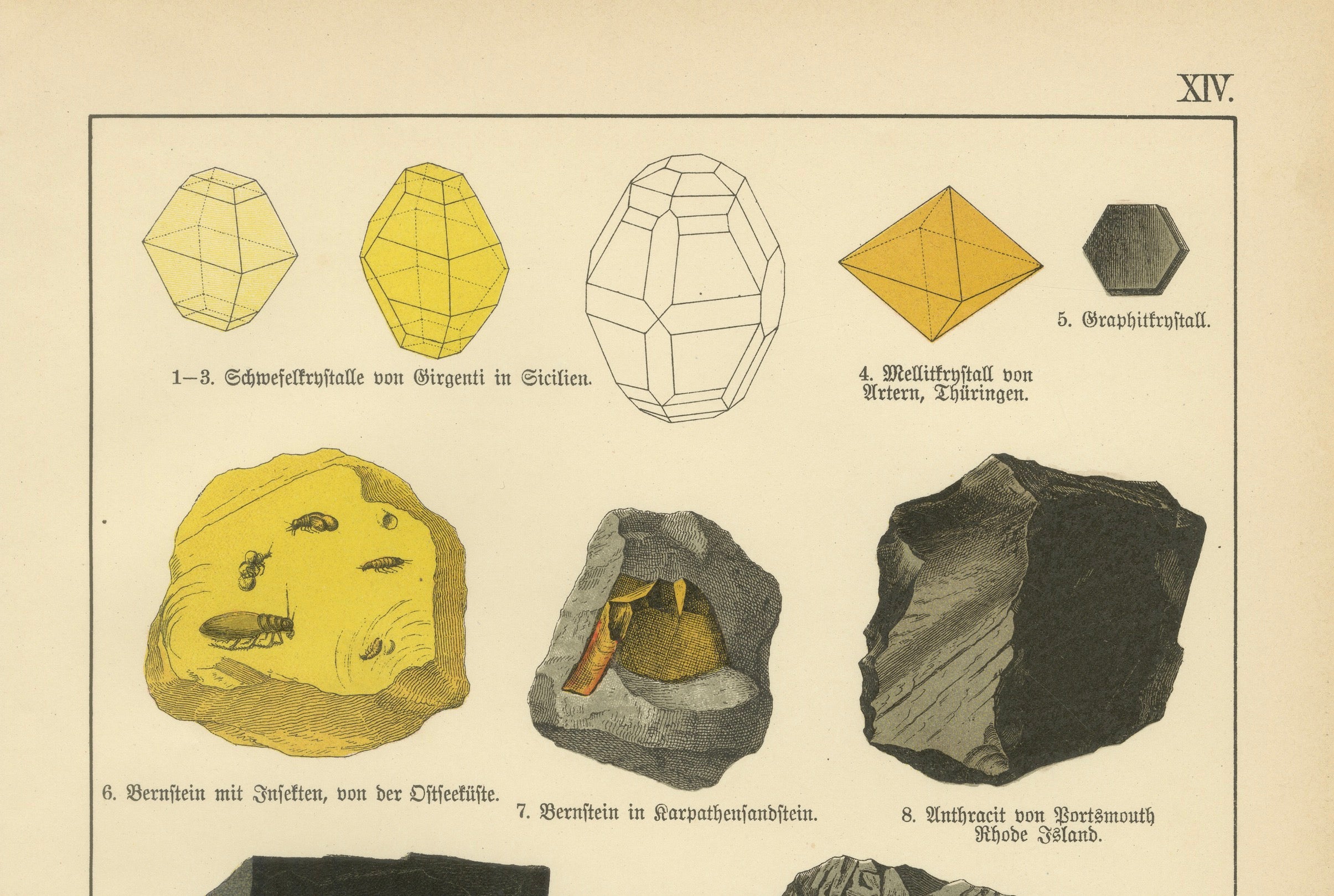 Set of Two Antique Mineralogy Chromolithographs, Fluorite, Amber & Coal, 1888