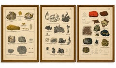 Conjunto de tres cromolitografías antiguas sobre mineralogía: oro, plata y cobre, 1888