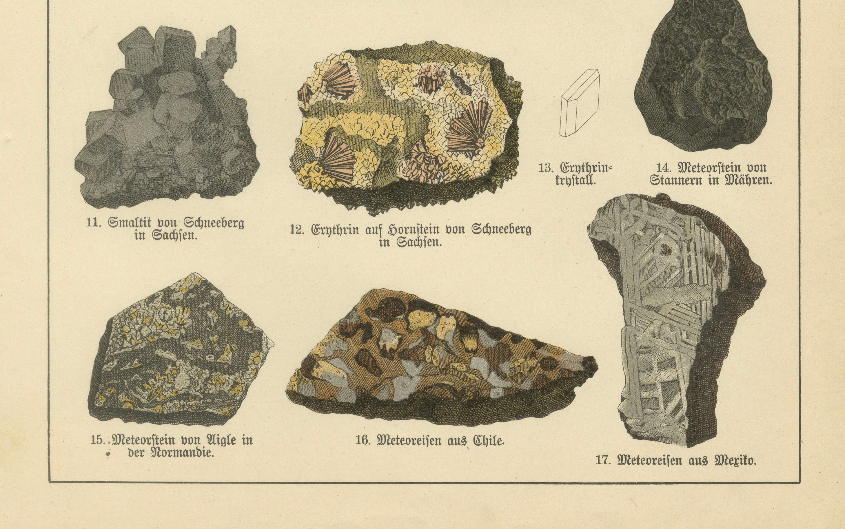 Set of Antique Mineralogy Chromolithographs, Azurite, Malachite, Meteorites 1888