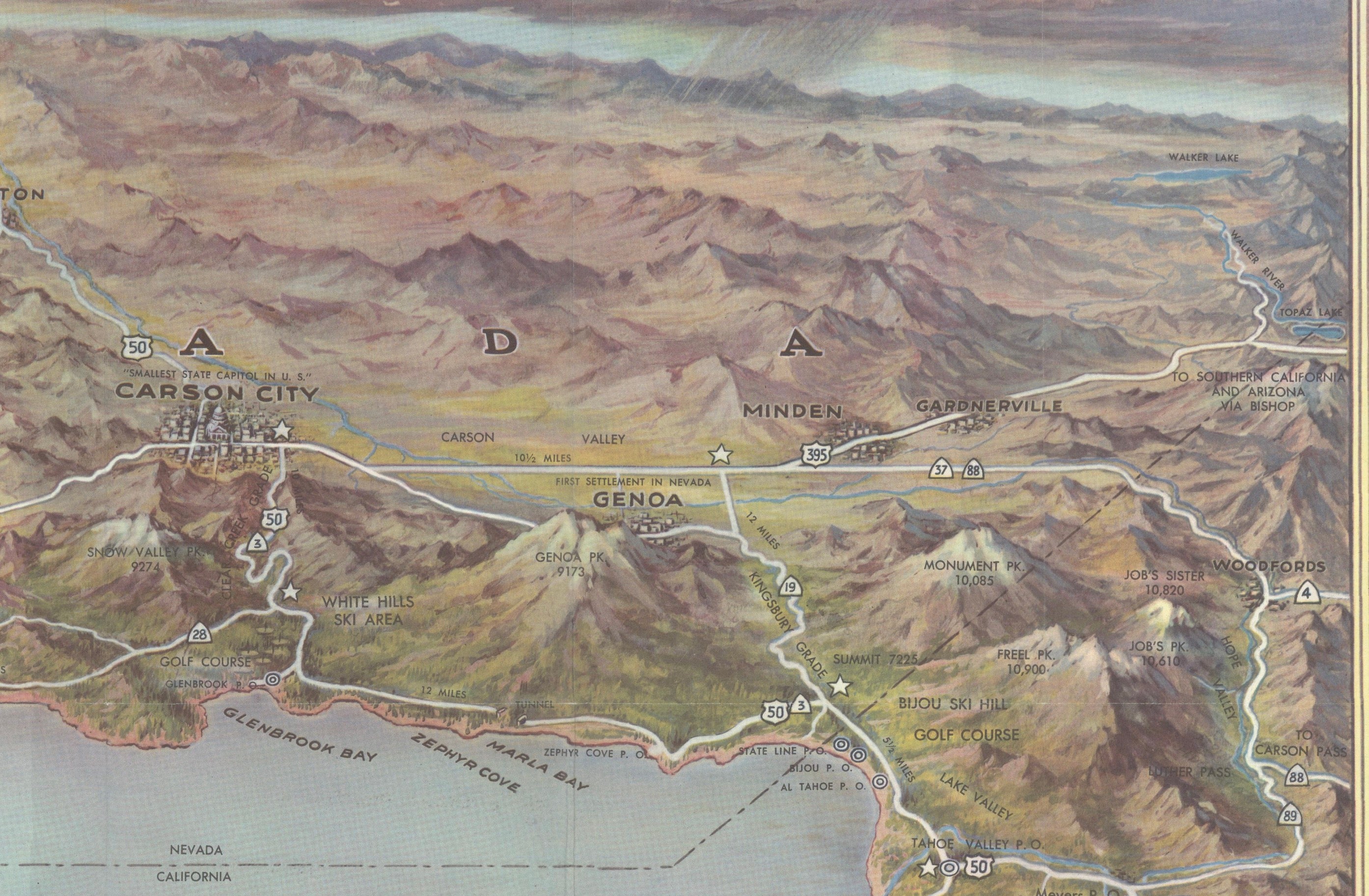 Vintage Lake Tahoe Bird’s-Eye View Pictorial Map by Gerald A. Eddy, circa 1945