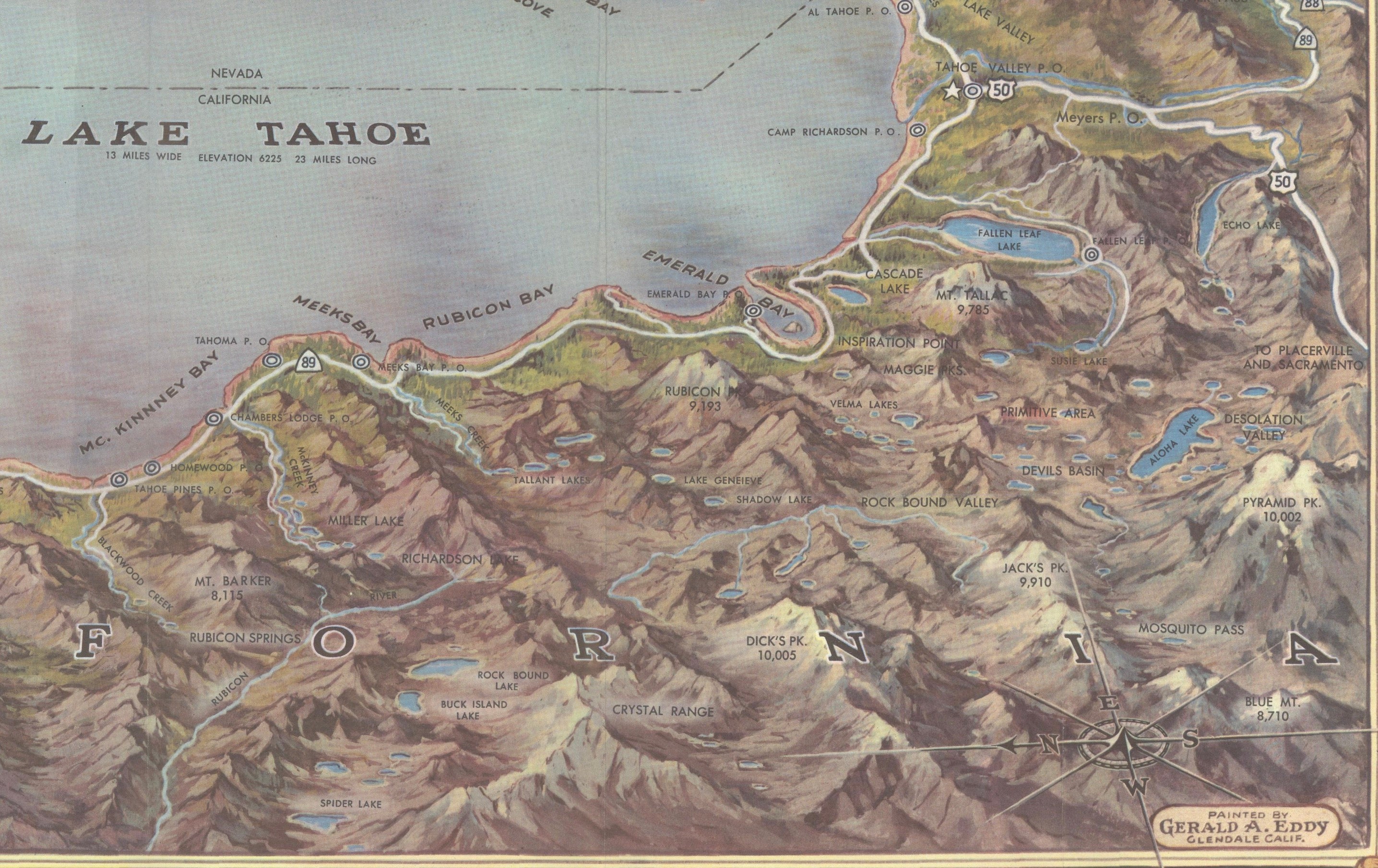 Vintage Lake Tahoe Bird’s-Eye View Pictorial Map by Gerald A. Eddy, circa 1945