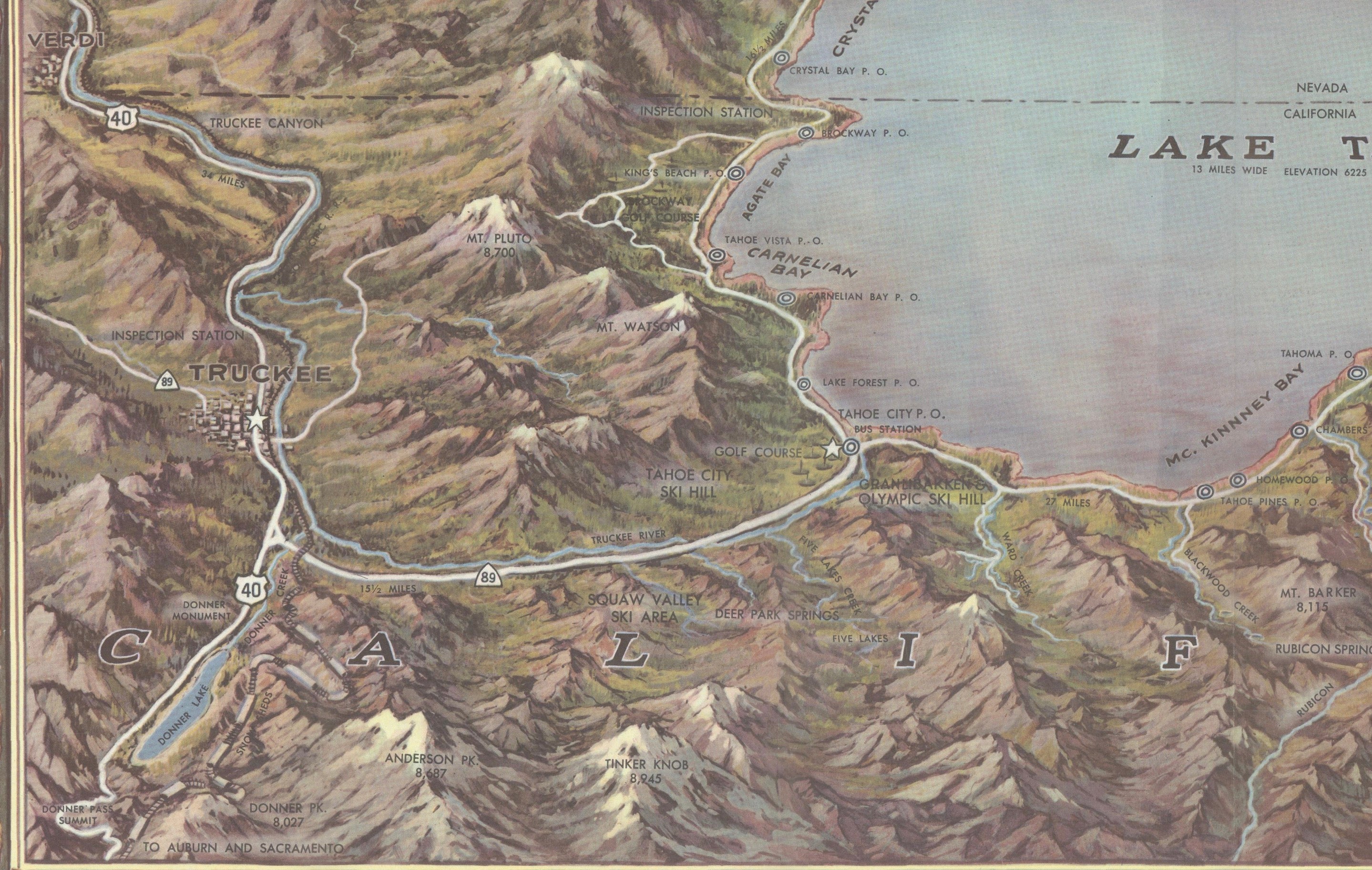 Vintage Lake Tahoe Bird’s-Eye View Pictorial Map by Gerald A. Eddy, circa 1945