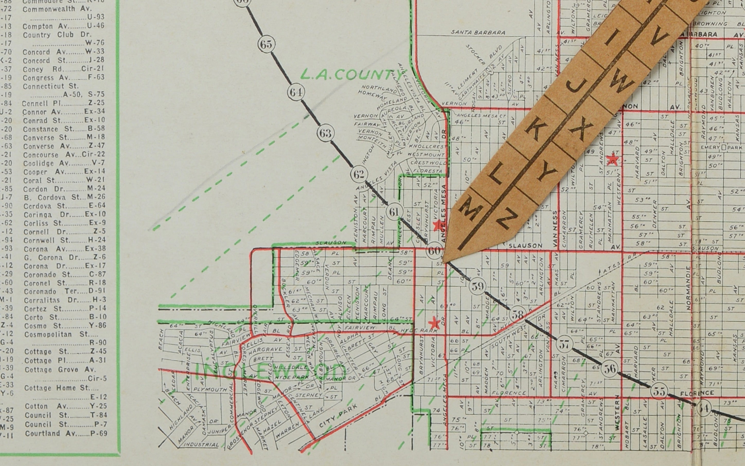 Antique E-Z Guide Map of Los Angeles with Rotating Locator, 1927