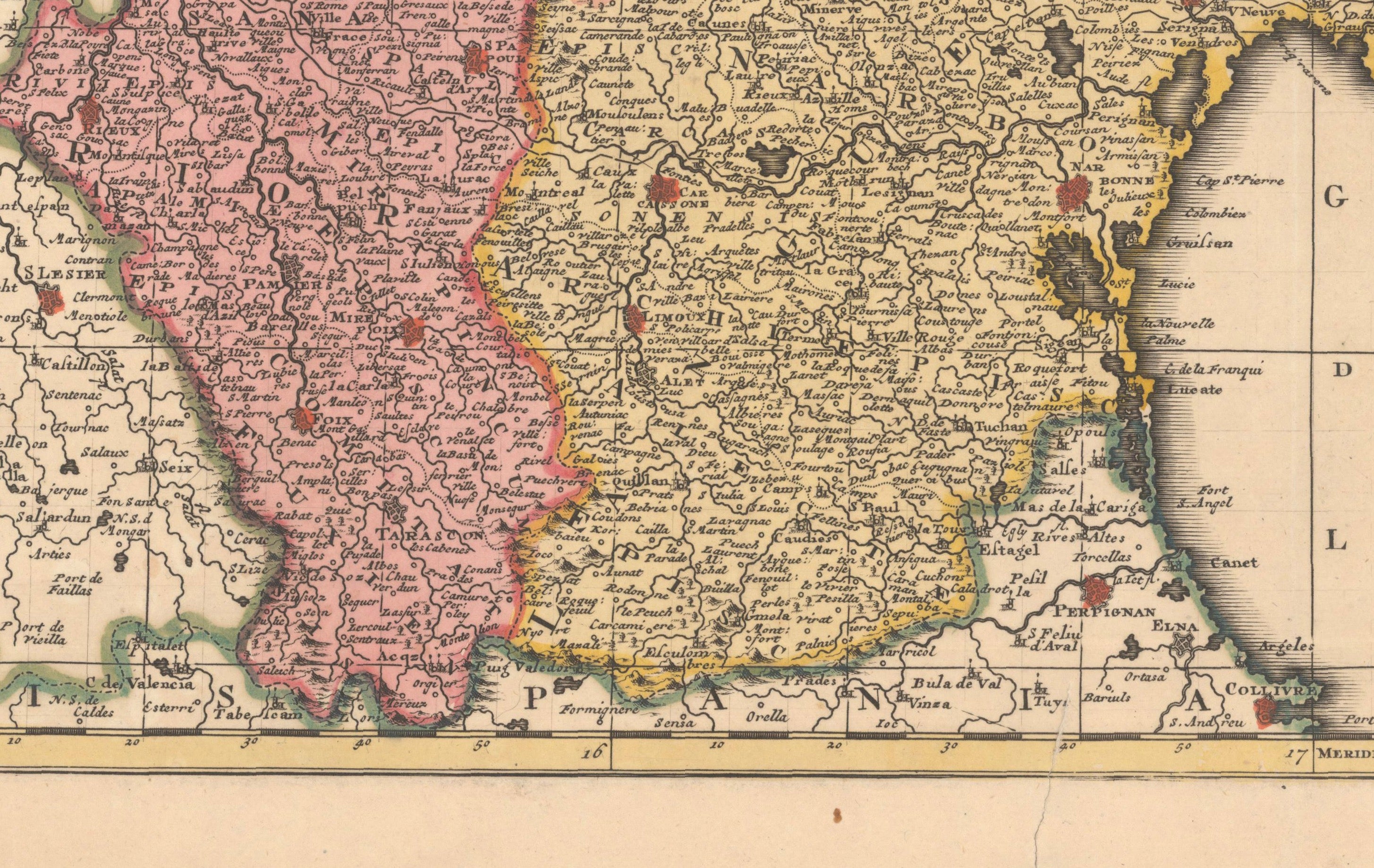 Antique Map of Languedoc and Southern France by Gerard and Leonard Valck, c.1700