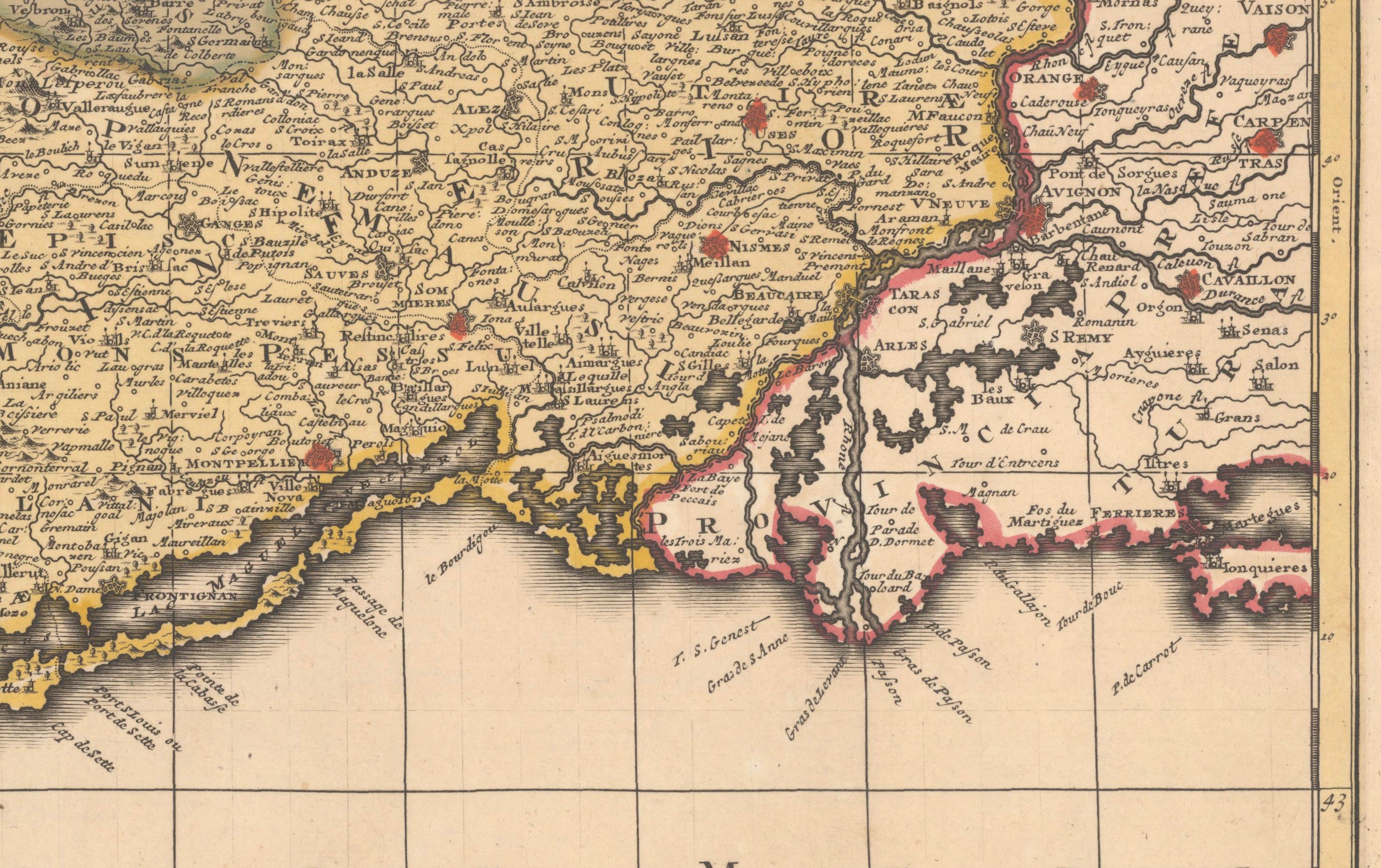 Antique Map of Languedoc and Southern France by Gerard and Leonard Valck, c.1700