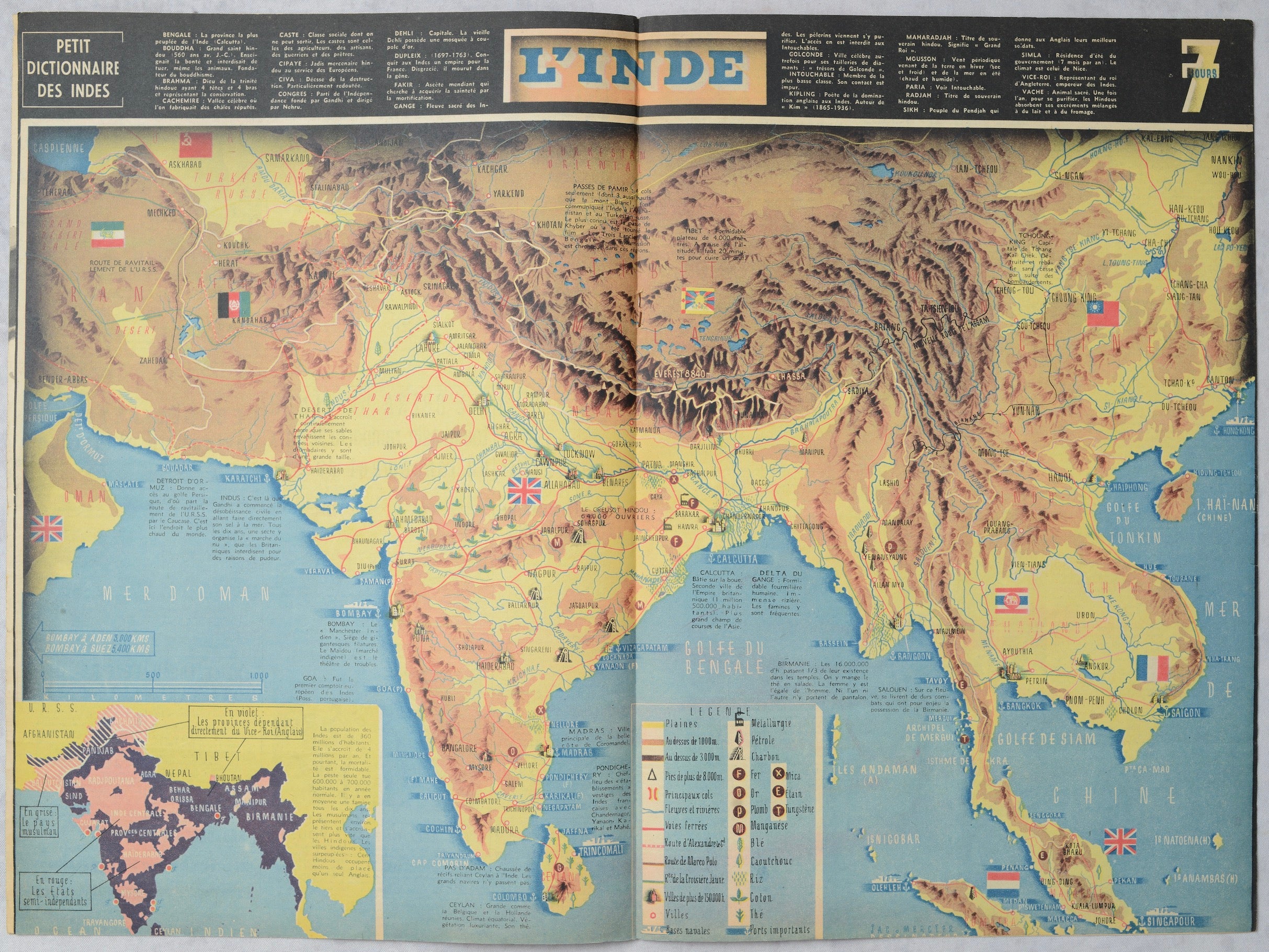 World War II Pictorial Map of India and Southeast Asia by Jacques Mercier, 1942