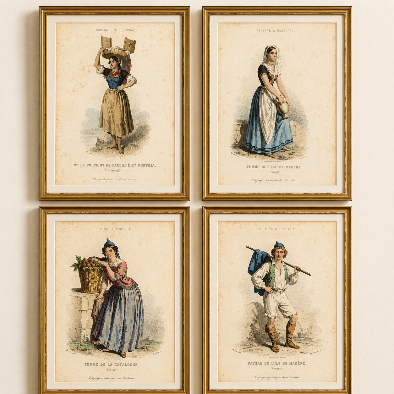 Set of Four Antique Portuguese & Madeira Folk Costume Engravings, circa 1850