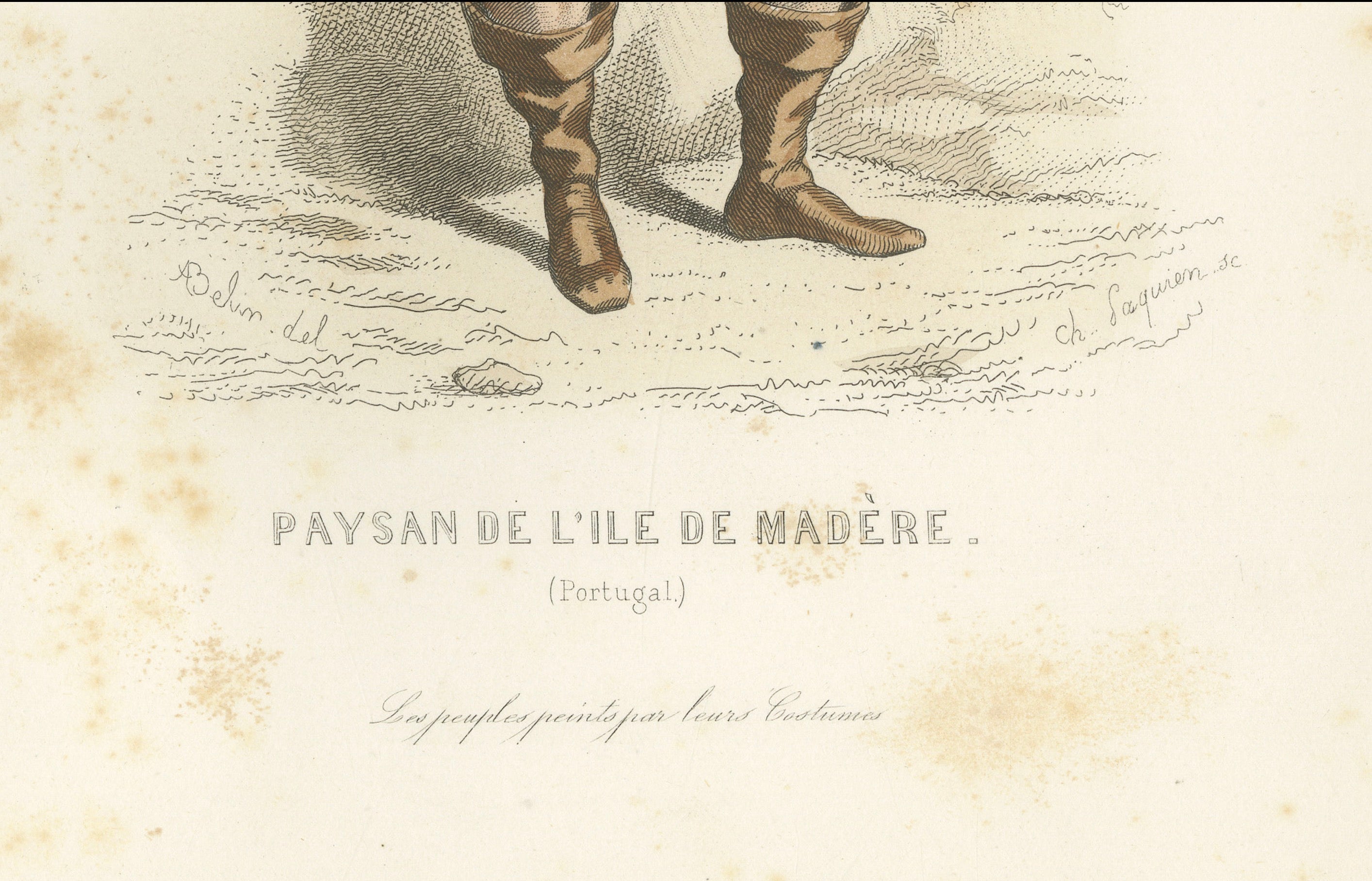 Set of Four Antique Portuguese & Madeira Folk Costume Engravings, circa 1850
