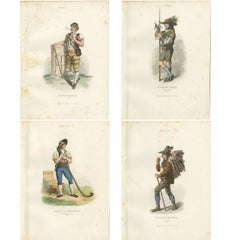 Quattro incisioni antiche raffiguranti mestieri e costumi popolari alpini, Svizzera e Tirolo, 1850
