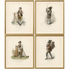 Quattro incisioni antiche raffiguranti mestieri e costumi popolari alpini, Svizzera e Tirolo, 1850