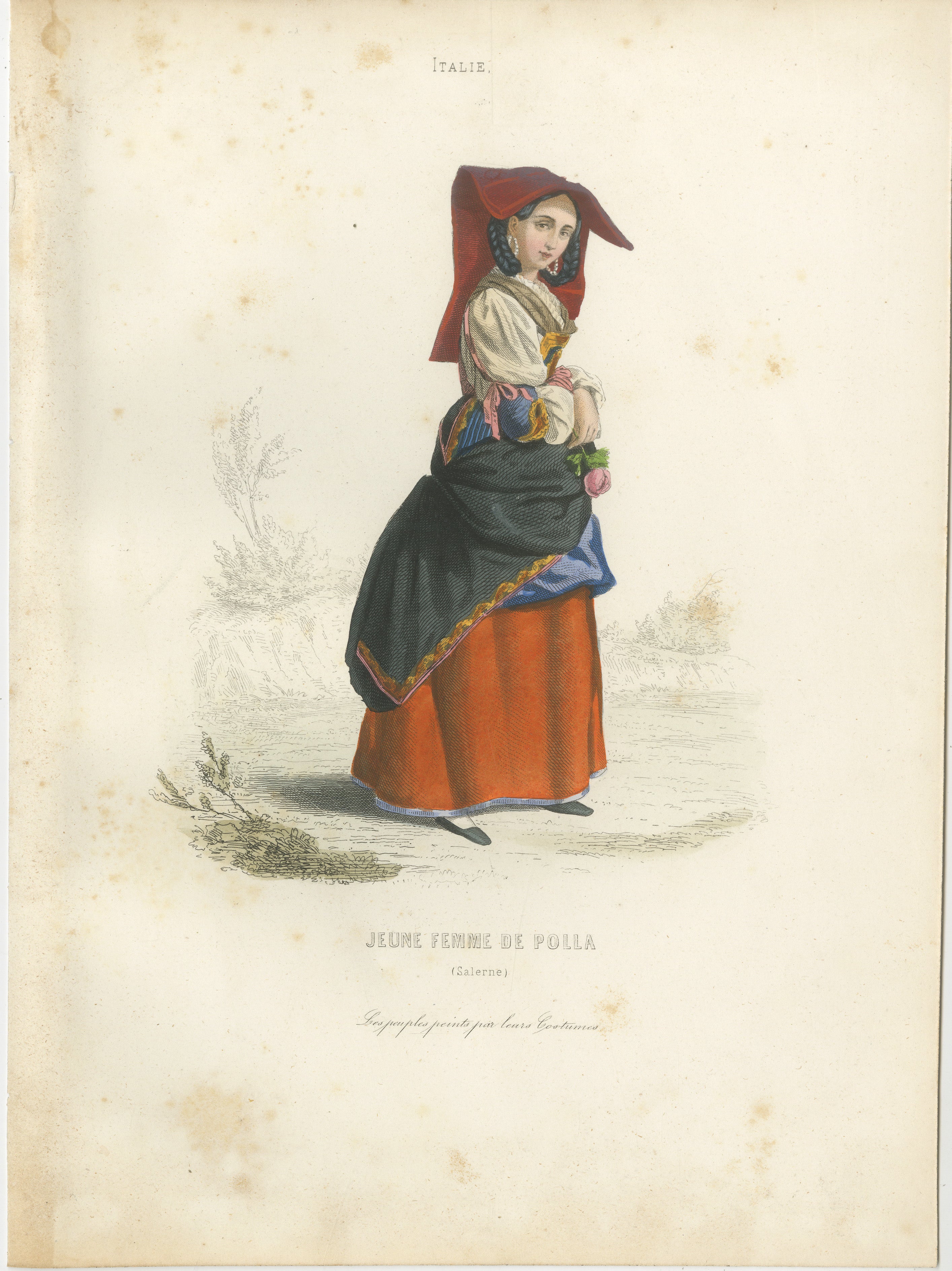 Set of Three Antique Italian Women Folk Costume Engravings, circa 1850