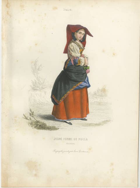 Set of Three Antique Italian Women Folk Costume Engravings, circa 1850