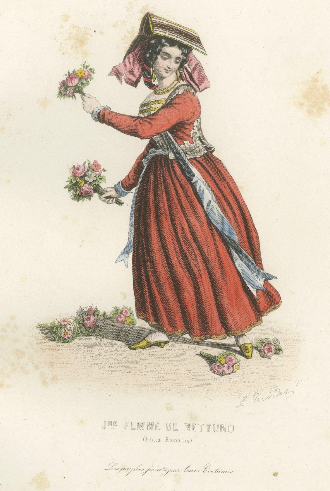 Set of Three Antique Italian Women Folk Costume Engravings, circa 1850