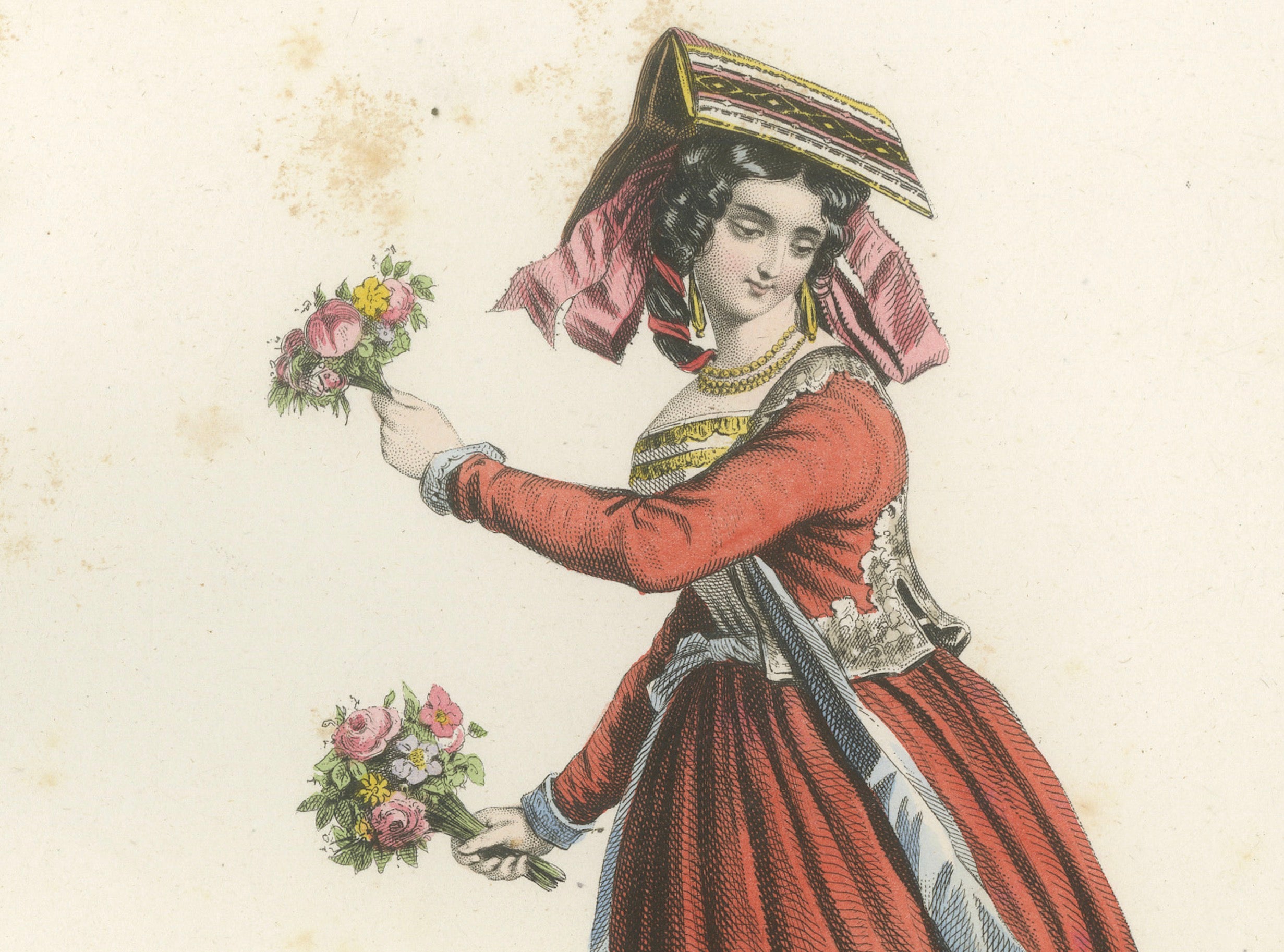 Set of Three Antique Italian Women Folk Costume Engravings, circa 1850