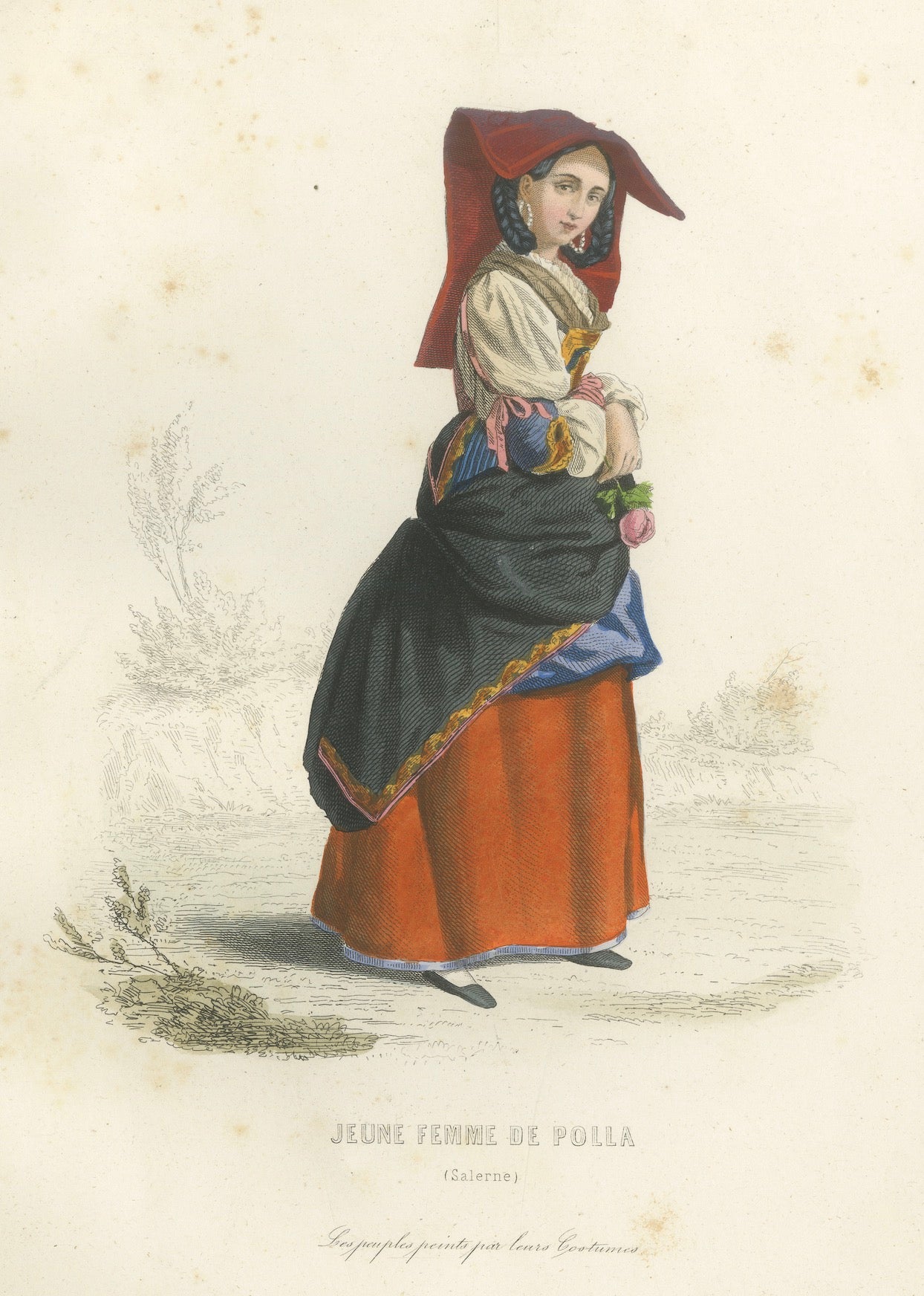 Set of Three Antique Italian Women Folk Costume Engravings, circa 1850