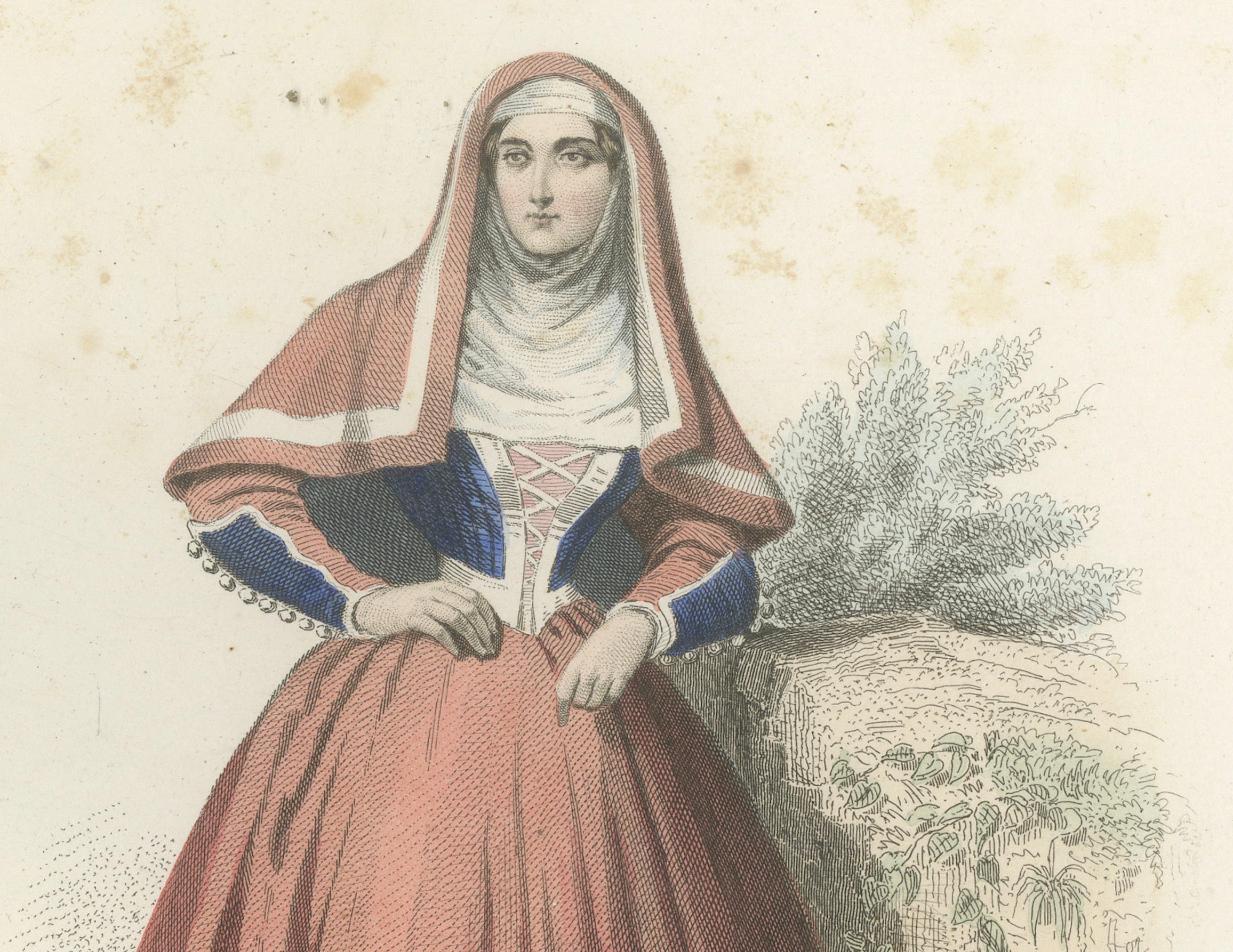 Set of Three Antique Italian Women Folk Costume Engravings, circa 1850