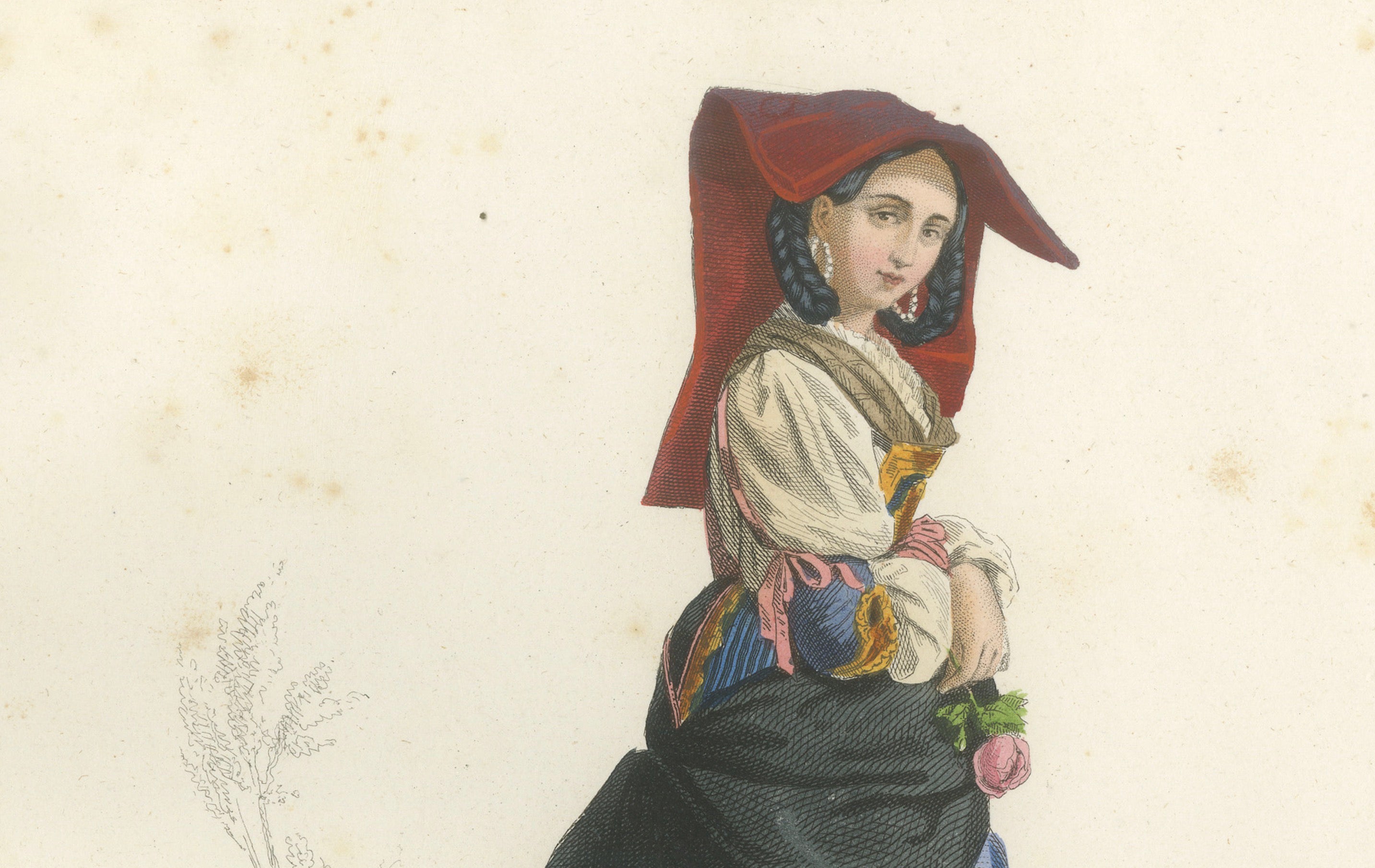 Set of Three Antique Italian Women Folk Costume Engravings, circa 1850
