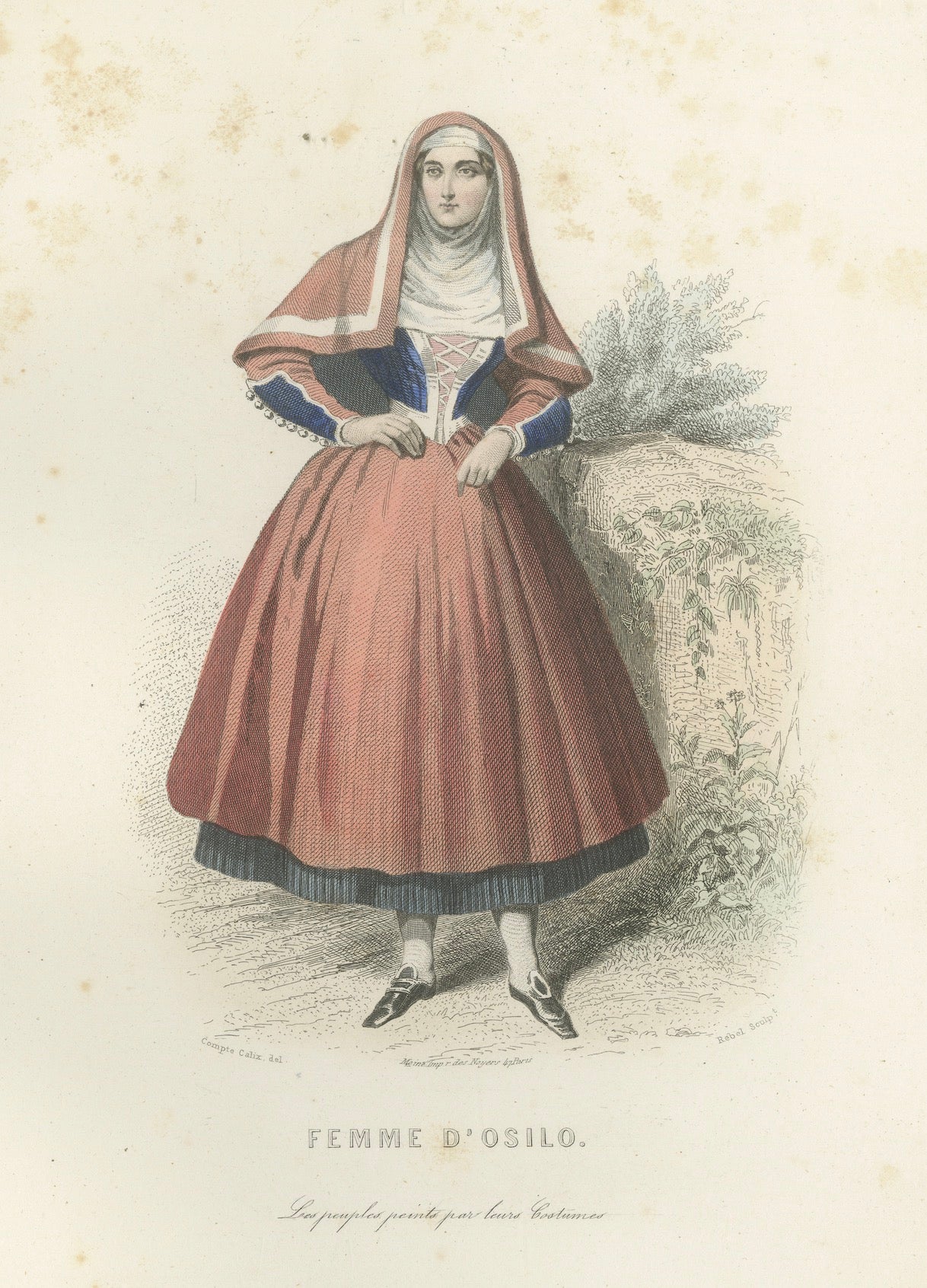 Set of Three Antique Italian Women Folk Costume Engravings, circa 1850