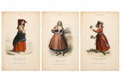 Serie di tre incisioni antiche raffiguranti costumi tradizionali italiani da donna, 1850 circa