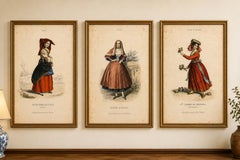 Serie di tre incisioni antiche raffiguranti costumi tradizionali italiani da donna, 1850 circa
