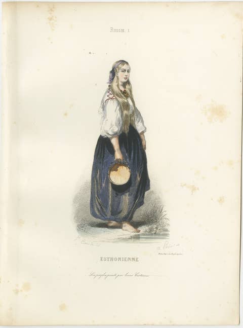 Russian Traditional Costumes and Trades, Set of Four Antique Prints, circa 1850