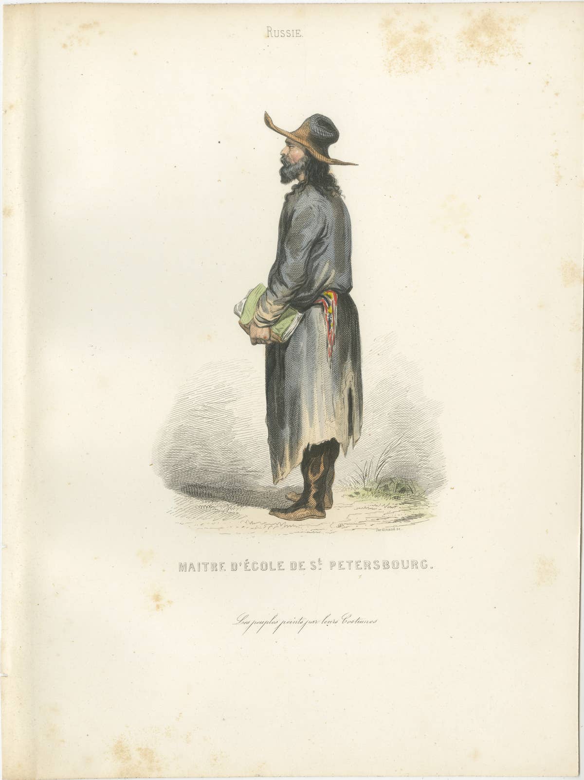 Russian Traditional Costumes and Trades, Set of Four Antique Prints, circa 1850