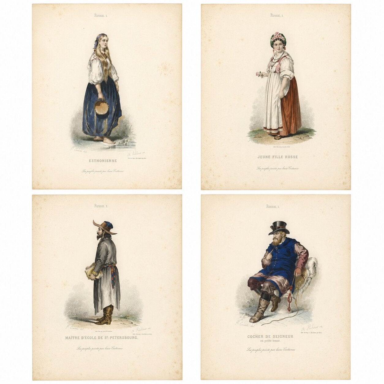 Trajes tradicionales y oficios rusos, conjunto de cuatro grabados antiguos, hacia 1850
