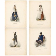 Russian Traditional Costumes and Trades, Set of Four Antique Prints, circa 1850