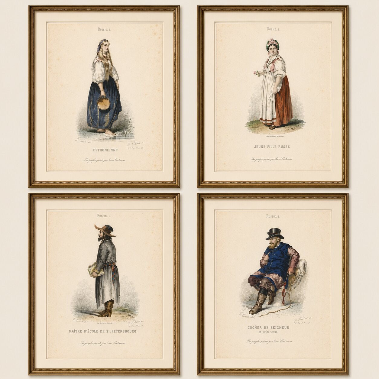 Russian Traditional Costumes and Trades, Set of Four Antique Prints, circa 1850