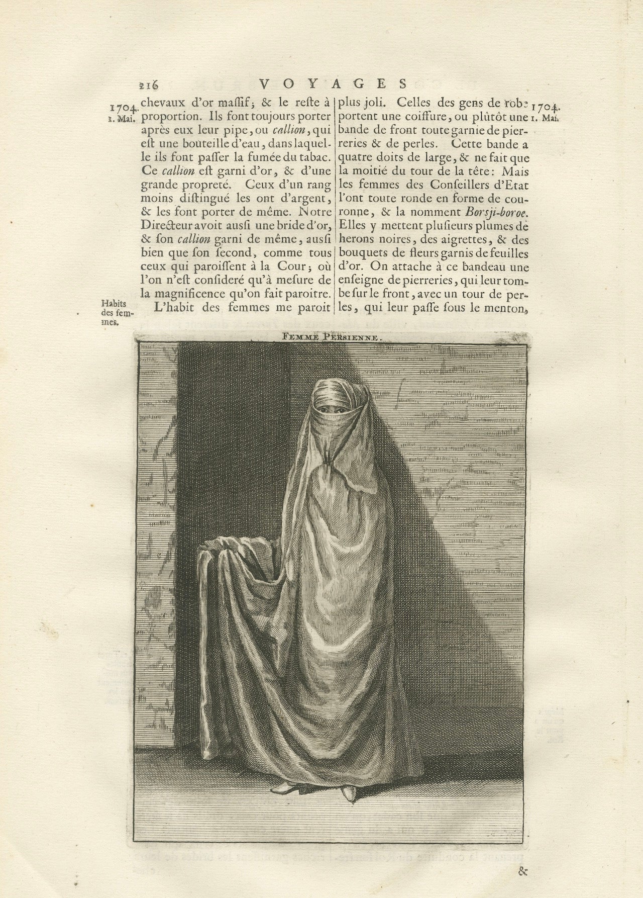 Persian Woman in Veil, Cornelis de Bruyn Travel Engraving, 1704