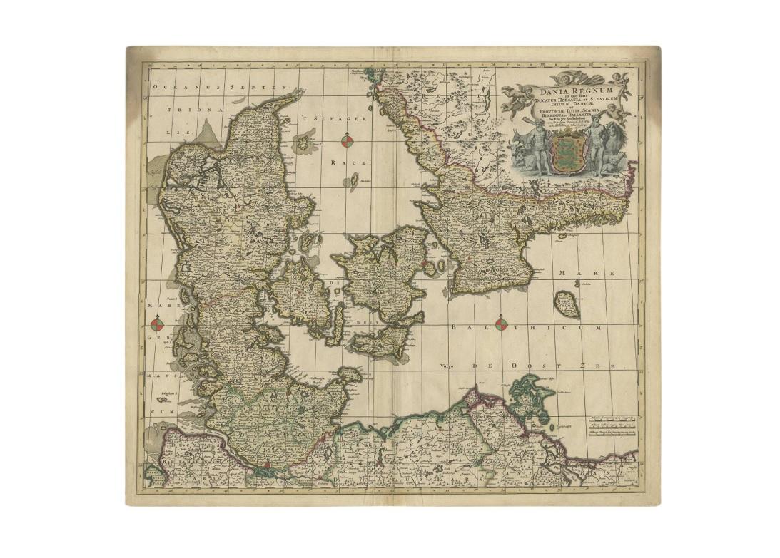 Antique map titled 'Dania Regnum'. Large, attractive map of Denmark, Sleschwig-Holstein and southern Sweden. Good detail throughout. Embellished with a title cartouche with the Danish coat of arms. Contemporary coloring.