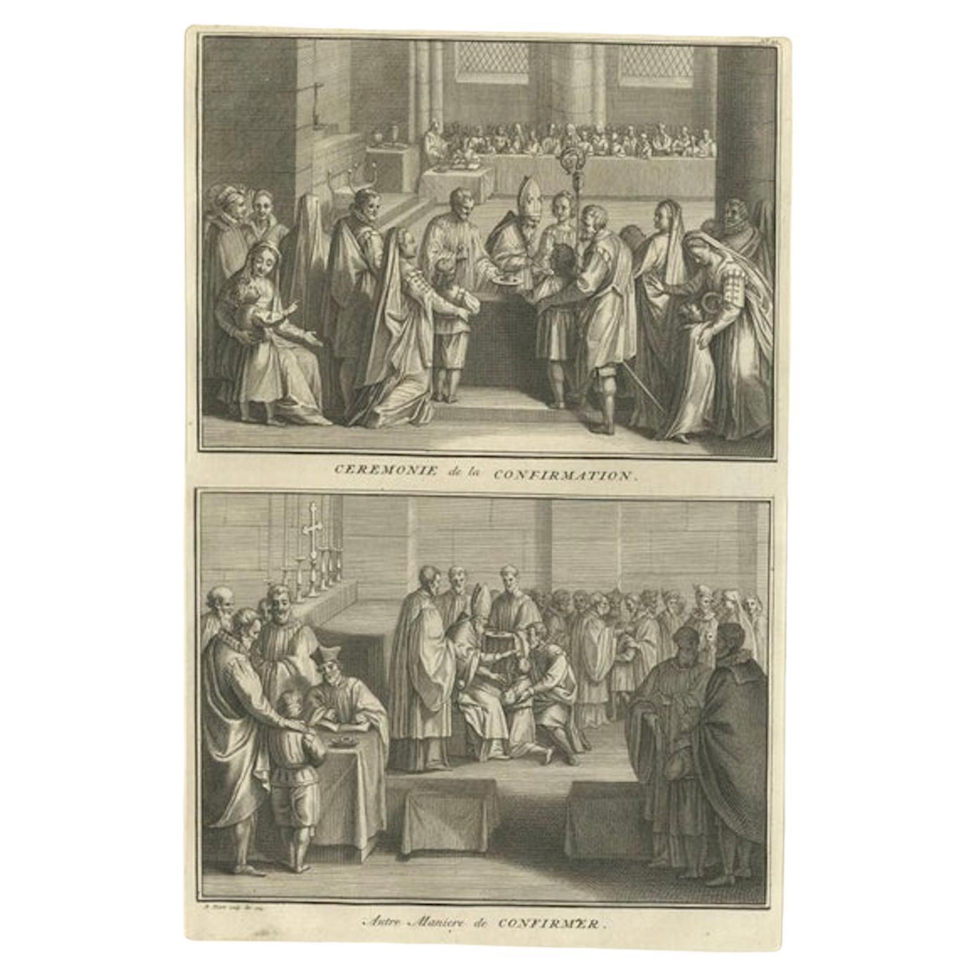 Antiker Druck mit der Illustration der Konfirmationsfeier von B. Picart, 1723