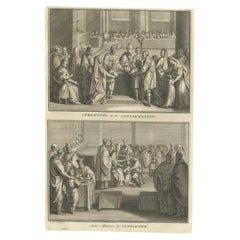 Antiker Druck mit der Illustration der Konfirmationsfeier von B. Picart, 1723