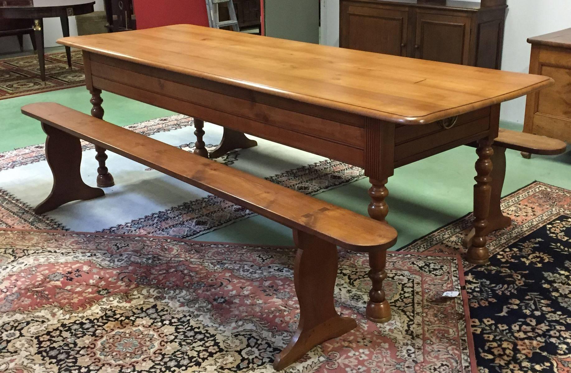 French Provincial 19th Century Fruitwood Farm Table with Benches