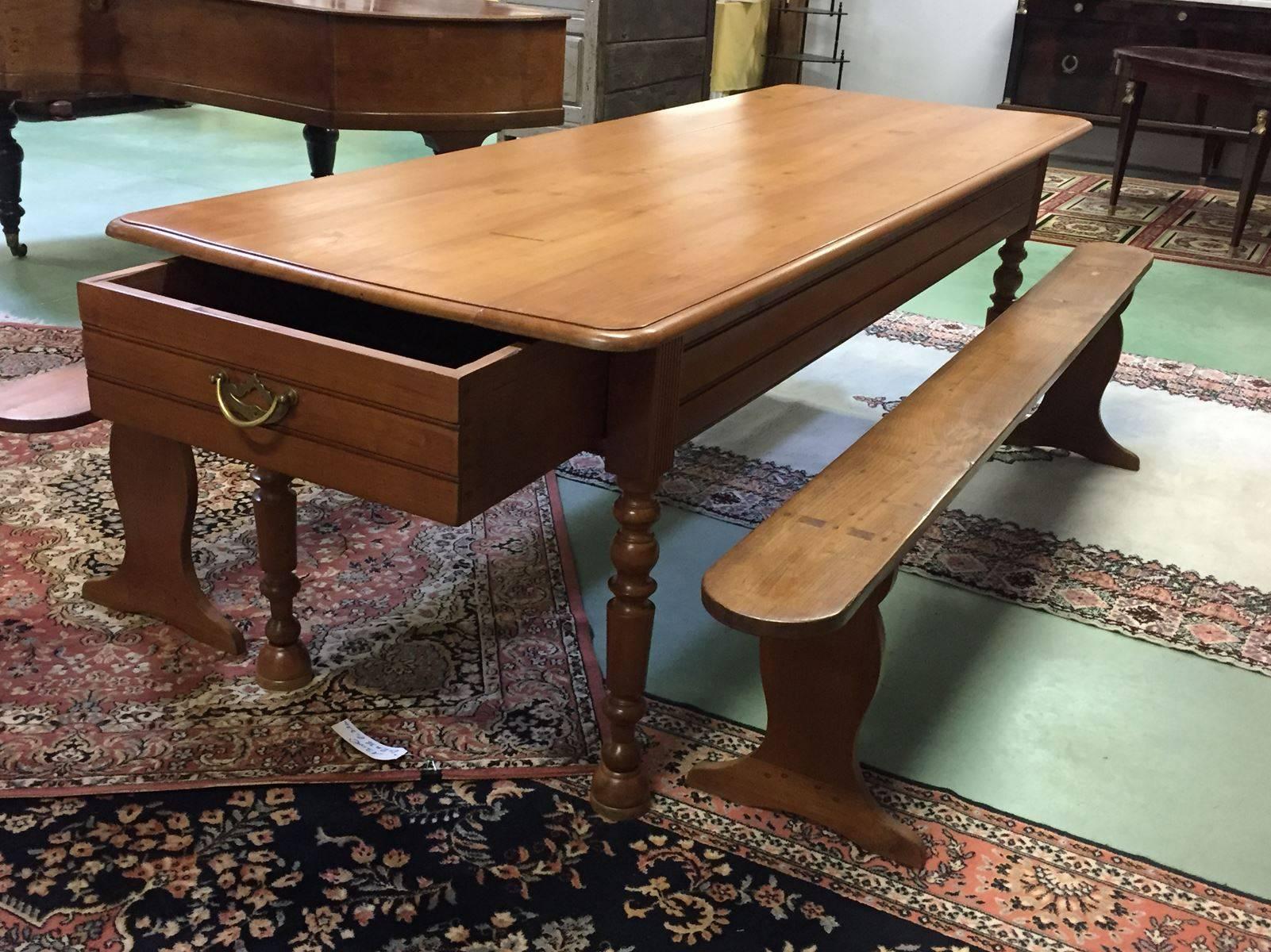 French 19th Century Fruitwood Farm Table with Benches