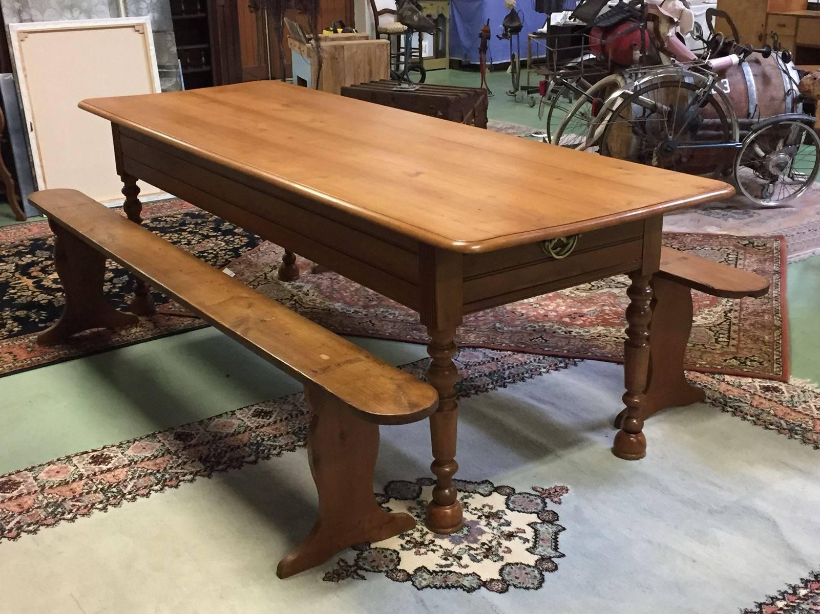 Late 19th Century 19th Century Fruitwood Farm Table with Benches