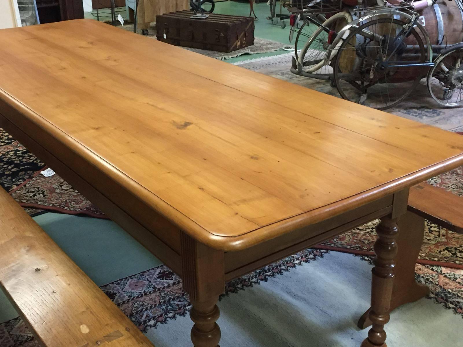 Wood 19th Century Fruitwood Farm Table with Benches