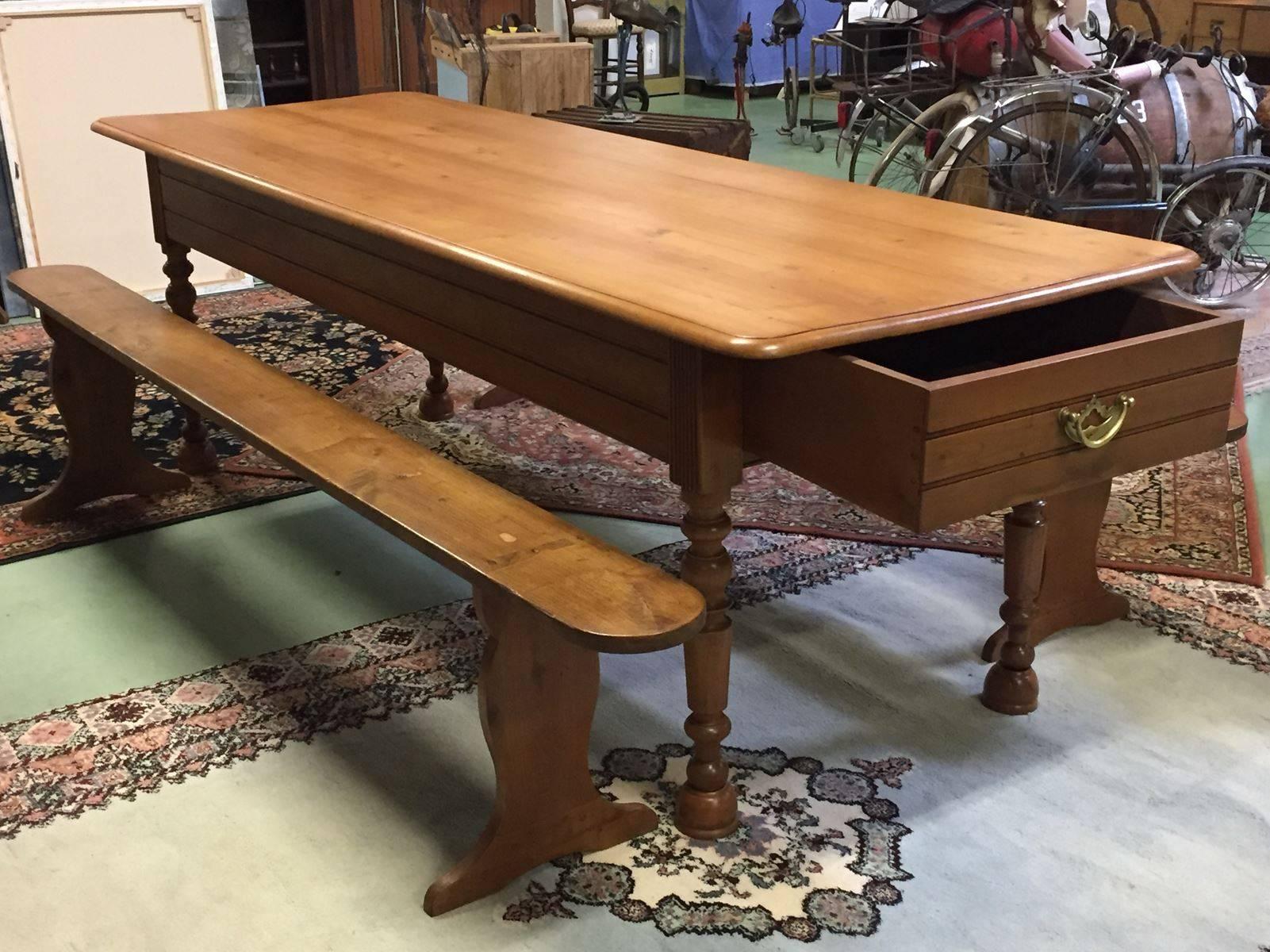 19th Century Fruitwood Farm Table with Benches In Good Condition In Lannebert, FR